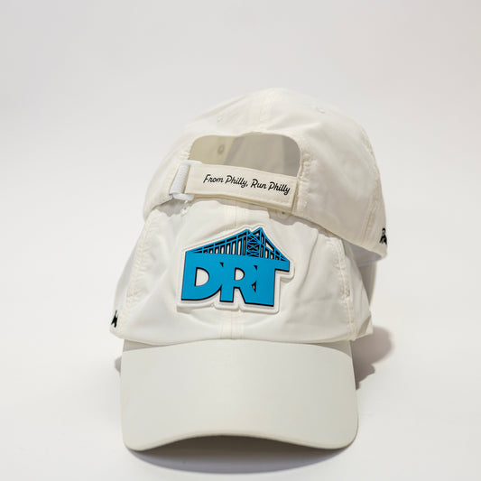 White hat with blue logo on a white background