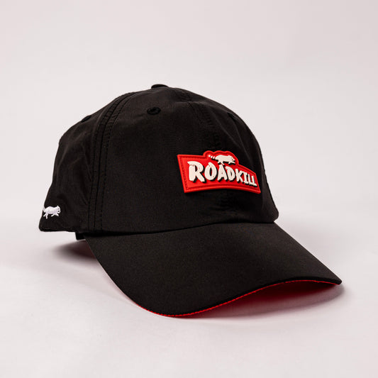 Black cap with a red logo on a white background